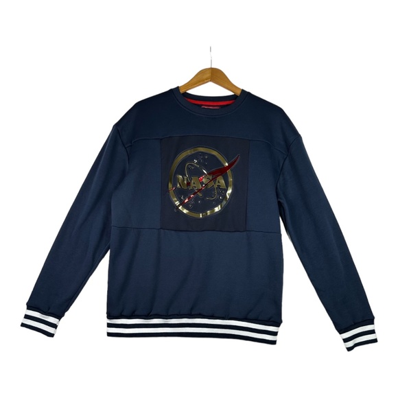 LR SCOOP Men's Nasa Crewneck Navy Gold Sweater Size L - Picture 1 of 3